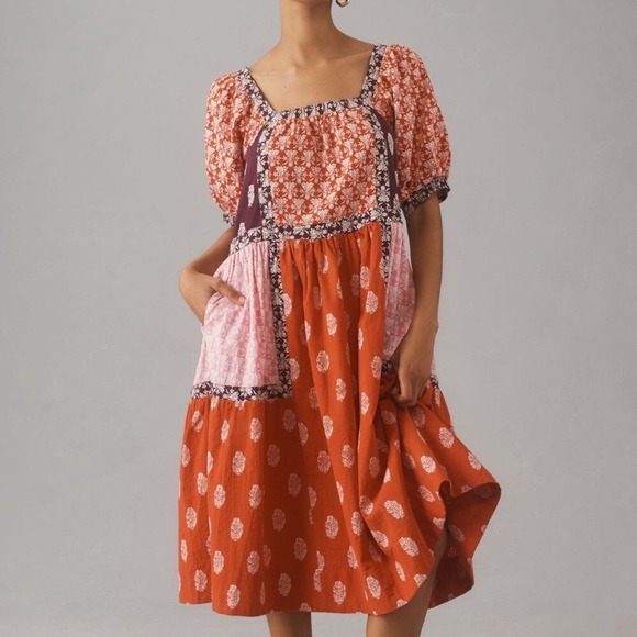 Anthropologie Maeve Short Sleeve Square Neck Mixed Print Midi Dress Size Small - Picture 10 of 10